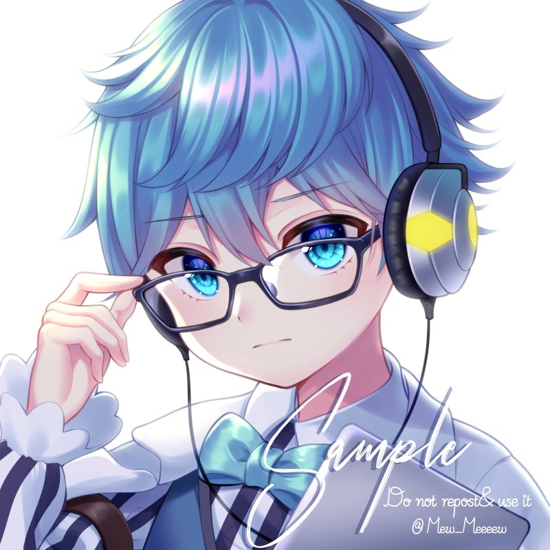 1boy artist_name bangs blue_bow blue_eyes blue_hair bow commentary_request eyebrows_visible_through_hair fate/grand_order fate_(series) frown glasses hair_between_eyes hans_christian_andersen_(fate) headphones holding long_sleeves looking_at_viewer nabekokoa repost_notice sample shirt short_hair simple_background solo striped striped_shirt upper_body white_background