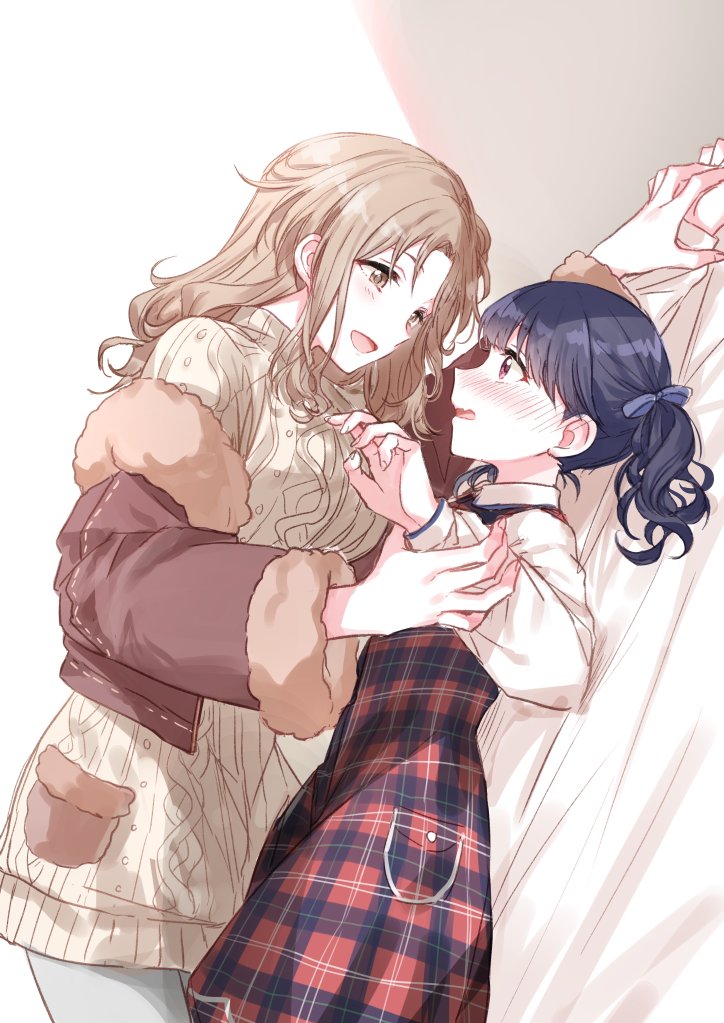 2girls :d aran_sweater blue_hair bow brown_eyes brown_hair collared_shirt commentary_request cropped_jacket dress fukumaru_koito fur-trimmed_jacket fur_trim hair_bow ichikawa_hinana idolmaster idolmaster_shiny_colors jacket long_sleeves multiple_girls open_clothes open_jacket open_mouth plaid plaid_dress profile romi_(346_ura) shirt smile sweater sweater_dress turtleneck turtleneck_sweater twintails wavy_mouth white_shirt wrist_grab yuri