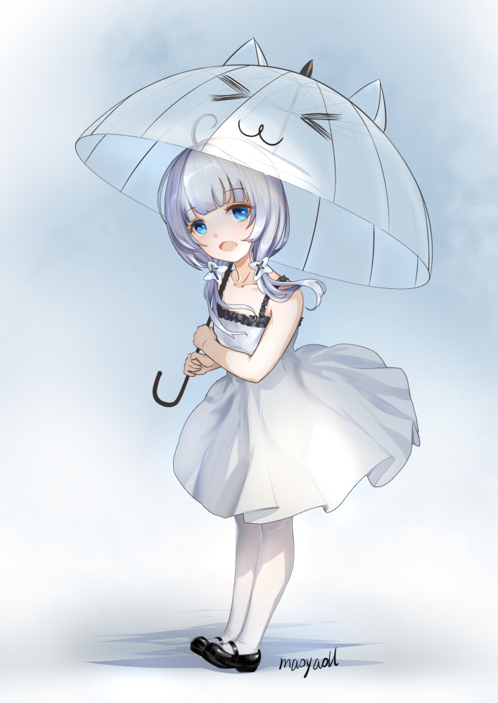 1girl :d ahoge animal_ears azur_lane bangs bare_arms bare_shoulders black_footwear blue_eyes cat_ears commentary_request dress eyebrows_visible_through_hair fake_animal_ears full_body holding holding_umbrella illustrious_(azur_lane) little_illustrious_(azur_lane) long_hair looking_at_viewer low_twintails maoyao-ll mary_janes open_mouth pantyhose shoes signature silver_hair sleeveless sleeveless_dress smile solo standing transparent transparent_umbrella twintails umbrella white_dress white_legwear younger