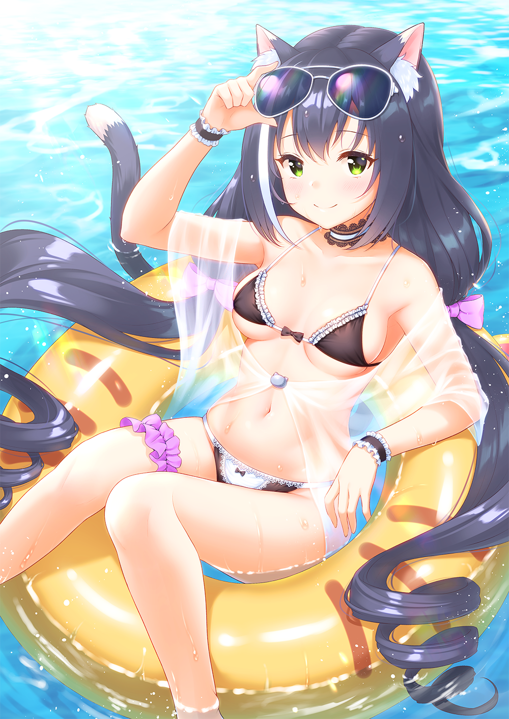 1girl animal_ear_fluff animal_ears ayase-mio bare_shoulders bikini black_bikini cat_ears cat_girl cat_tail caustics choker drill_hair eyewear_on_head hand_on_eyewear highres innertube karyl_(princess_connect!) leg_garter long_hair looking_at_viewer low_twintails multicolored_hair off_shoulder princess_connect! princess_connect!_re:dive see-through smile solo streaked_hair sunglasses swimsuit tail thighs twin_drills twintails very_long_hair water wet wrist_cuffs