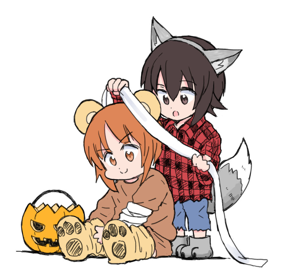 2girls animal_ears arm_up bangs bear_ears blue_pants boko_(girls_und_panzer) boko_(girls_und_panzer)_(cosplay) brown_eyes brown_hair brown_pants brown_shirt closed_mouth collared_shirt commentary cosplay fake_animal_ears fake_tail girls_und_panzer grey_footwear halloween halloween_bucket halloween_costume holding holding_bandages looking_at_another multiple_girls mutsu_(layergreen) nishizumi_maho nishizumi_miho open_mouth pants paw_shoes plaid plaid_shirt red_shirt shirt short_hair siblings sisters sitting smile standing tail wolf_ears wolf_tail