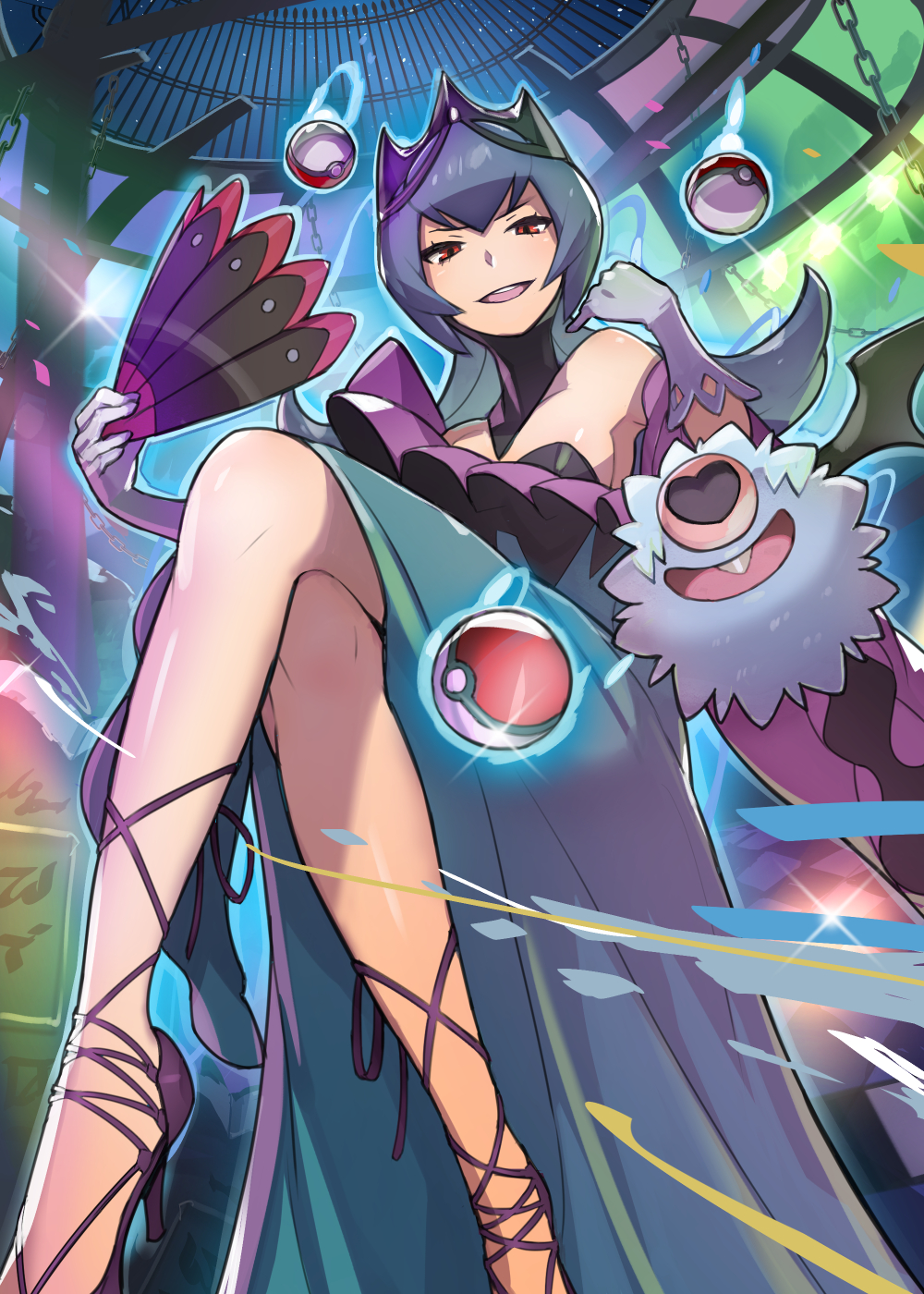 1girl alternate_costume crossed_legs crown dress fan gen_5_pokemon highres looking_at_viewer natsume_(pokemon) novelia open_mouth poke_ball pokemon pokemon_(game) pokemon_bw2 purple_hair red_eyes sitting smile solo woobat