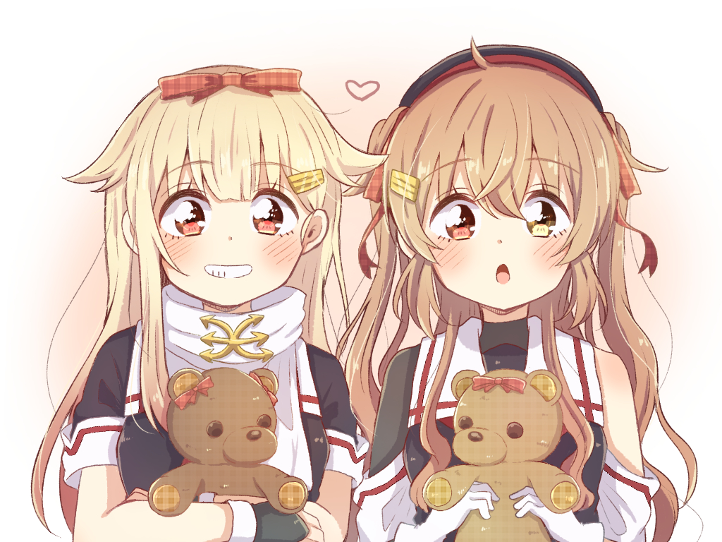 2girls asymmetrical_clothes black_ribbon black_serafuku blonde_hair brown_eyes gloves gradient_hair grin hair_flaps hair_ornament hair_ribbon hairclip heterochromia kantai_collection light_brown_hair long_hair looking_at_viewer multicolored_hair multiple_girls murasame_(kantai_collection) neckerchief red_eyes red_neckwear remodel_(kantai_collection) ren_kun ribbon scarf school_uniform serafuku simple_background smile stuffed_animal stuffed_toy teddy_bear two_side_up upper_body white_background white_gloves white_scarf yuudachi_(kantai_collection)