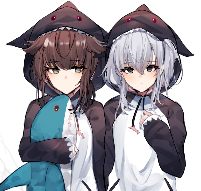 2girls alternate_costume brown_hair cosplay grey_eyes hair_flaps hatsuzuki_(kantai_collection) ikea_shark kagurazaka_miyabi kantai_collection kigurumi multiple_girls shark_costume sidelocks stuffed_animal stuffed_shark stuffed_toy suzutsuki_(kantai_collection) white_hair