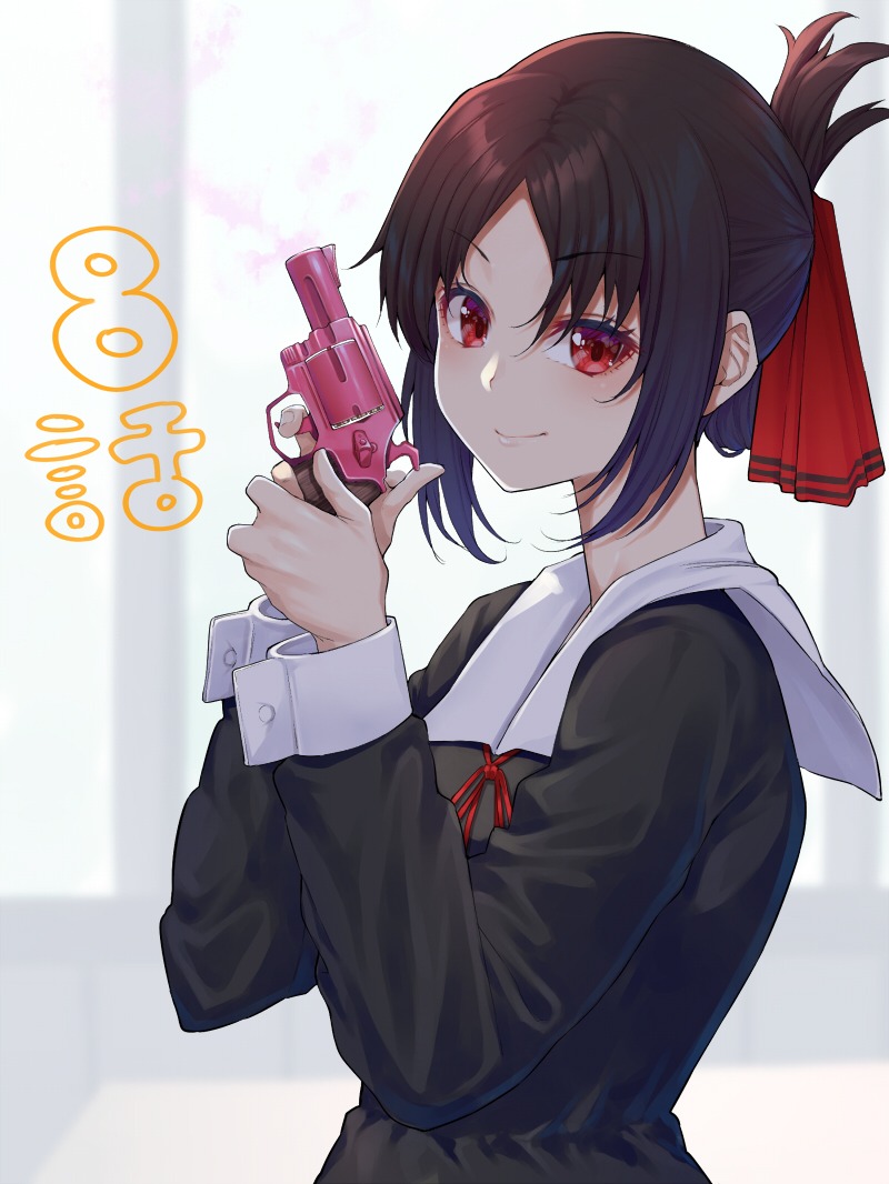 1girl bangs black_dress black_hair blush commentary_request dress eyebrows_visible_through_hair folded_ponytail from_side gun hair_ribbon holding holding_gun holding_weapon kaguya-sama_wa_kokurasetai_~tensai-tachi_no_renai_zunousen~ long_sleeves looking_at_viewer mikan_(chipstar182) number parted_bangs red_eyes red_ribbon ribbon school_uniform shinomiya_kaguya sidelocks smile solo upper_body weapon