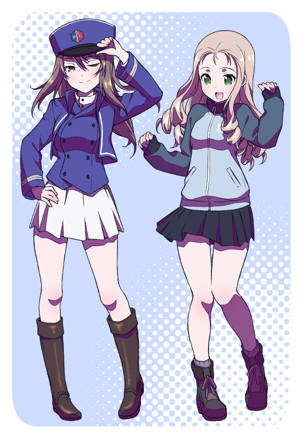 1girl :d ;) alternate_headwear ankle_boots ankoku_no_ojisan bangs bc_freedom_(emblem) bc_freedom_military_uniform black_footwear blonde_hair blue_background blue_footwear blue_headwear blue_jacket blue_skirt blue_vest boots brown_eyes brown_hair closed_mouth cosplay costume_switch dress_shirt drill_hair emblem girls_und_panzer green_eyes grey_legwear half-closed_eye hand_on_headwear hand_on_hip hat high_collar jacket keizoku_military_uniform kepi knee_boots long_hair long_sleeves looking_at_viewer marie_(girls_und_panzer) mika_(girls_und_panzer) military military_hat military_uniform miniskirt one_eye_closed open_mouth pleated_skirt polka_dot polka_dot_background raglan_sleeves rounded_corners shirt skirt smile socks solo standing track_jacket uniform vest w_arms white_shirt white_skirt