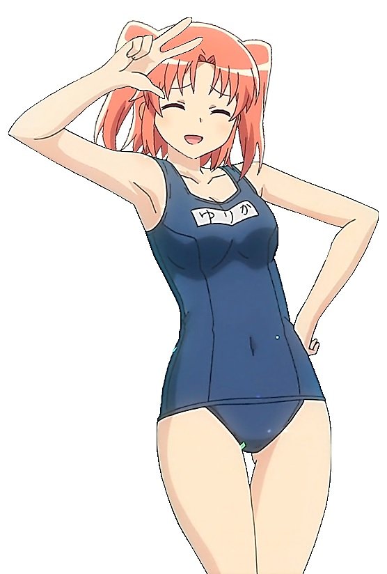 1girl 2014 ^_^ armpits blue_swimsuit blush chestnut_mouth closed_eyes covered_navel female hand_on_hip looking_at_viewer mikakunin_de_shinkoukei name_tag open_mouth pink_hair school_swimsuit solo swimsuit w yonomori_kobeni