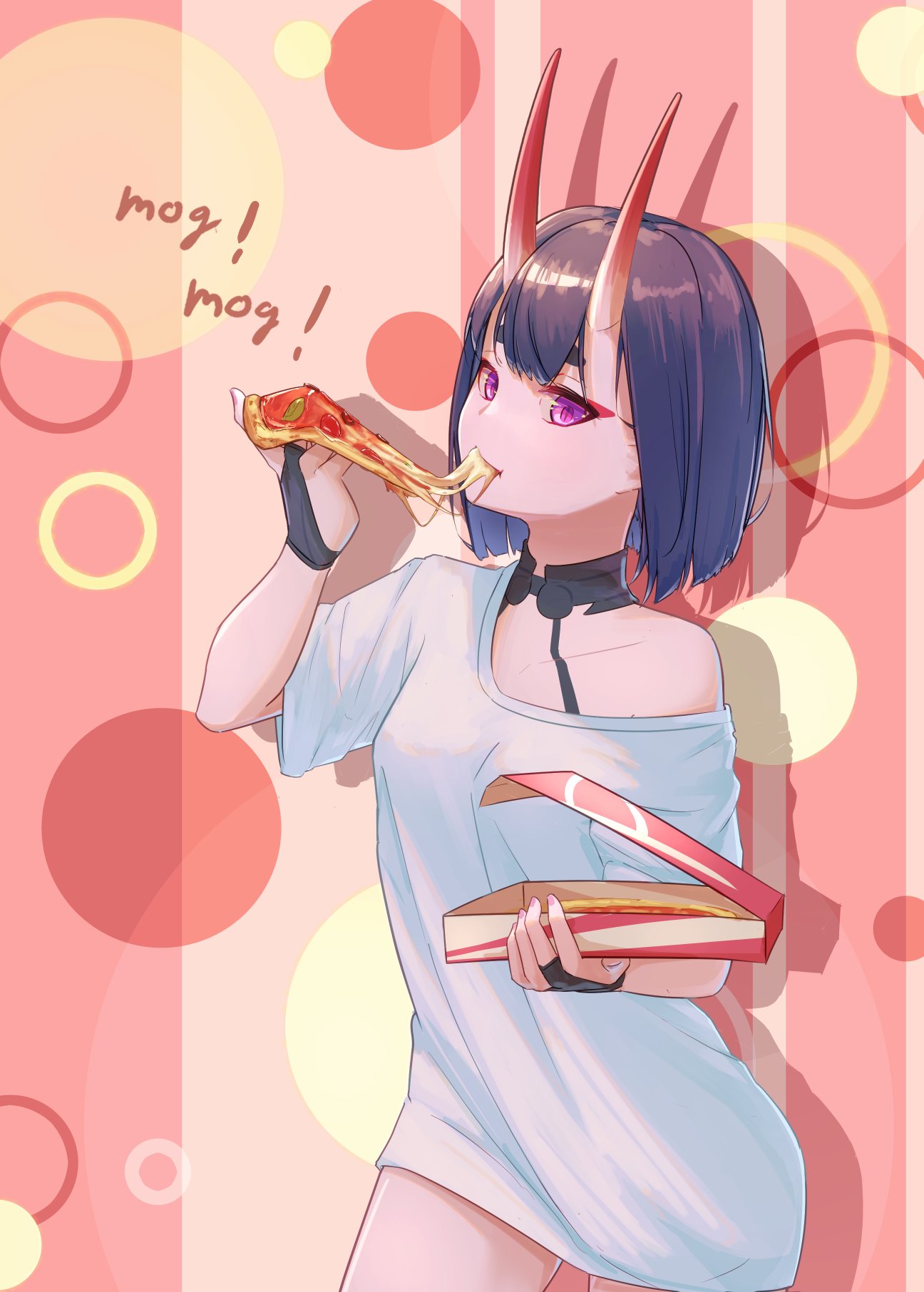 1girl breasts bridal_gauntlets cheese_trail collarbone eating eyeliner fate/grand_order fate_(series) food food_in_mouth highres makeup off-shoulder_shirt off_shoulder oni oni_horns oversized_clothes pink_eyes pizza pizza_box purple_hair sawarineko shirt short_eyebrows short_hair shuten_douji_(fate/grand_order) skin-covered_horns slit_pupils small_breasts solo thick_eyebrows white_shirt