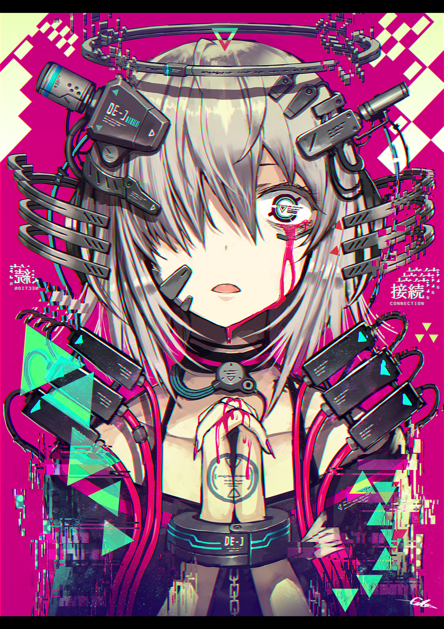 1girl bangs bare_shoulders bleeding blood choker digital_dissolve gia grey_hair hair_over_one_eye hands_clasped headgear highres mechanical_halo original own_hands_together pink_background short_hair solo symbol_in_eye upper_body