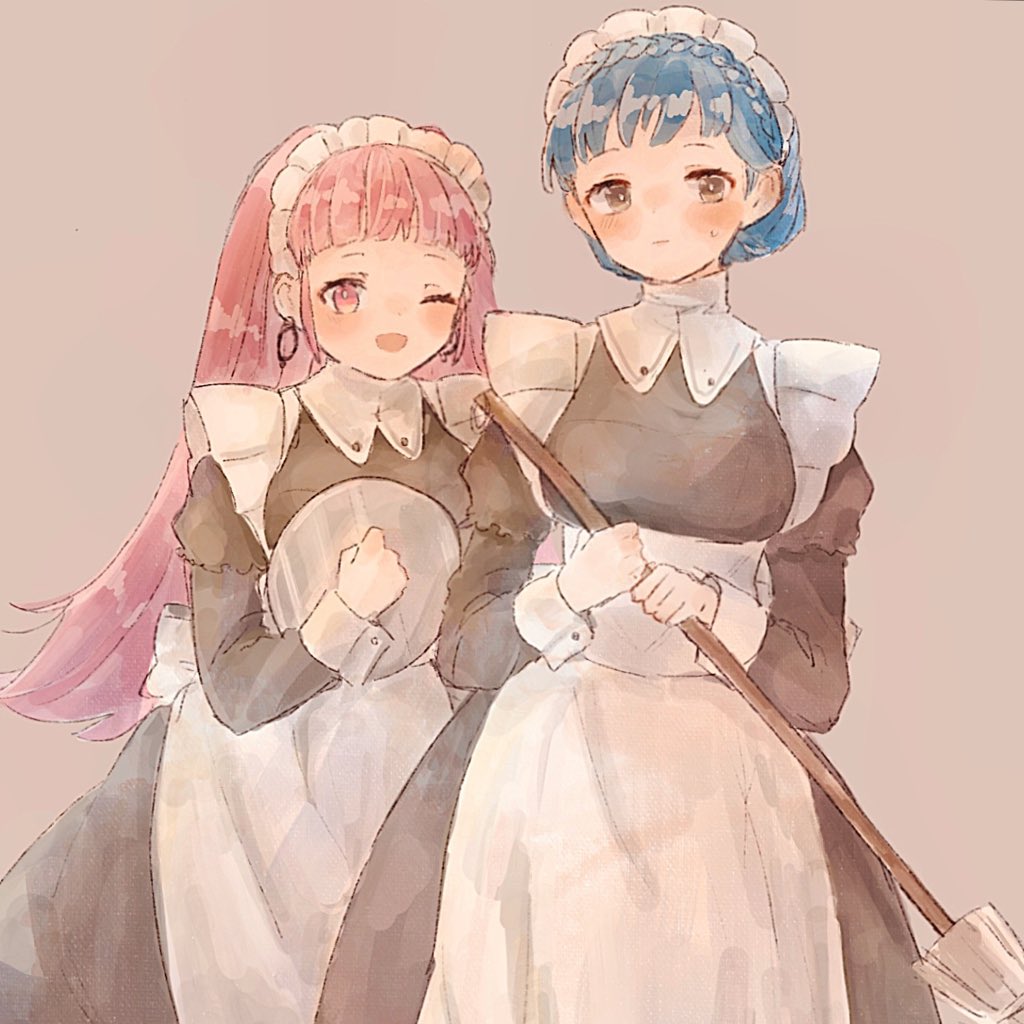 2girls blue_hair broom earrings fire_emblem fire_emblem:_three_houses grey_background hilda_valentine_goneril holding holding_broom holding_tray jewelry maid maid_dress maid_headdress marianne_von_edmund multiple_girls one_eye_closed pink_eyes pink_hair pkurotein simple_background tray