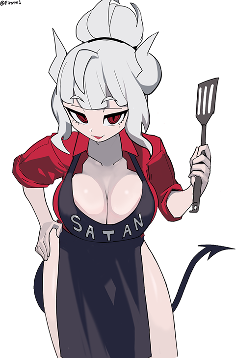 1girl aiki_firstw1 bangs breasts demon_girl demon_horns demon_tail firstw1 gloves helltaker horns long_hair looking_at_viewer lucifer_(helltaker) mole mole_under_eye red_eyes solo tail white_hair white_horns