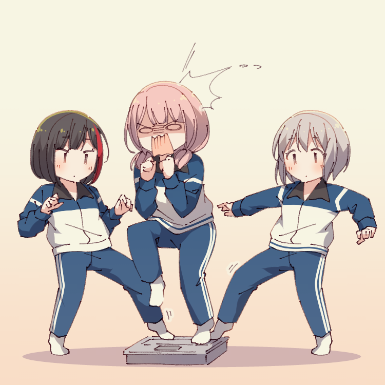 /\/\/\ 3girls aoba_moca ayasaka bang_dream! bathroom_scale black_hair blue_pants clenched_hands commentary_request flying_sweatdrops grey_hair hands_up jacket long_hair long_sleeves low_twintails mitake_ran multiple_girls o_o open_mouth pants pink_hair redhead shaded_face short_hair socks standing standing_on_object standing_on_one_leg tan_background tiptoes track_jacket track_pants track_suit twintails uehara_himari weighing_scale white_legwear |_|
