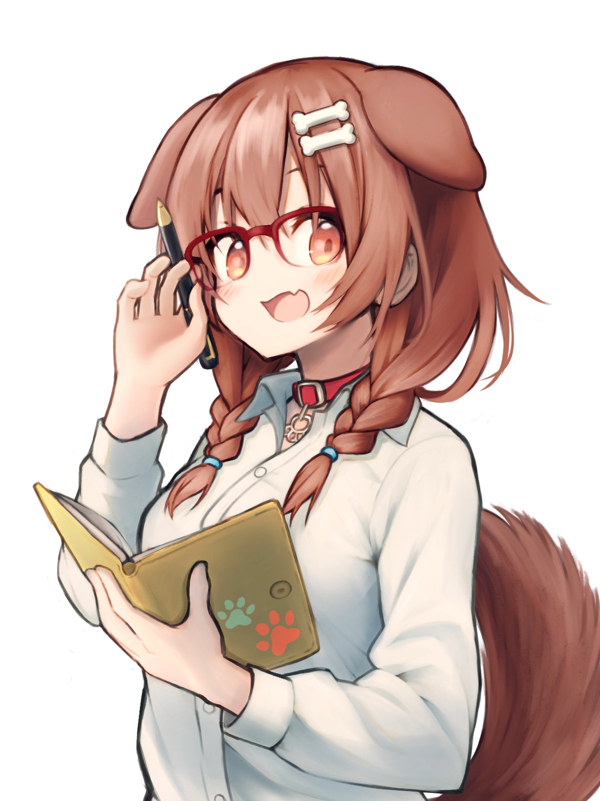 1girl animal_ears bespectacled blush bone_hair_ornament book braid brown_eyes brown_hair collar commentary_request dog_collar dog_ears dog_tail fang glasses hair_between_eyes highres holding holding_book holding_pencil hololive inugami_korone looking_at_viewer medium_hair open_mouth pencil simple_background skin_fang solo tail tamasa_yamoto twin_braids upper_body virtual_youtuber white_background