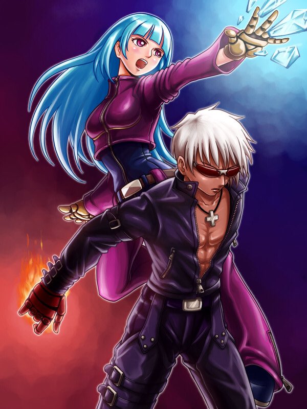 1boy 1girl bangs belt blue_hair bodysuit breasts cross cross_necklace fire gloves ice jewelry k' kula_diamond long_hair medium_breasts necklace simple_background sunglasses the_king_of_fighters violet_eyes white_hair
