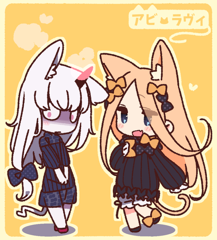2girls abigail_williams_(fate/grand_order) animal_ears bangs black_bow black_dress blonde_hair blue_eyes blush bow breasts cat_ears cat_tail dress fang fate/grand_order fate_(series) forehead hair_bow horn lavinia_whateley_(fate/grand_order) long_hair long_sleeves looking_at_viewer multiple_bows multiple_girls open_mouth orange_bow pale_skin parted_bangs polka_dot polka_dot_bow ribbed_dress sleeves_past_fingers sleeves_past_wrists small_breasts smile tail violet_eyes white_bloomers white_hair wide-eyed yellow_background yoru_nai