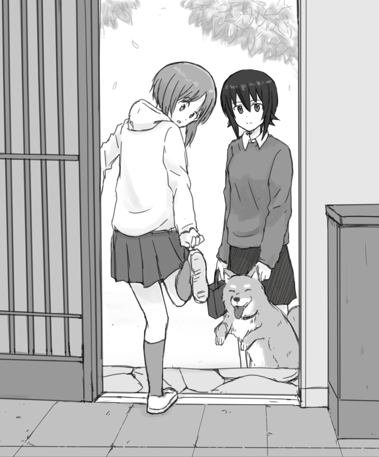 2girls casual dog door doorway girls_und_panzer greyscale hood hoodie monochrome multiple_girls mutsu_(layergreen) nishizumi_maho nishizumi_miho pleated_skirt short_hair skirt