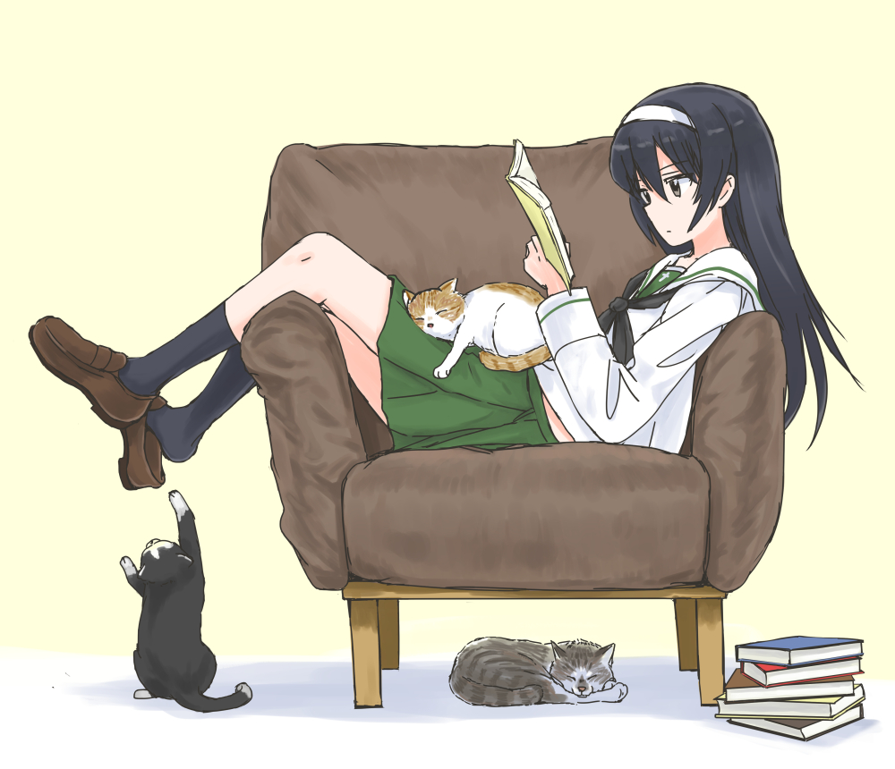 1girl animal_on_lap ankle_socks armchair black_hair black_legwear brown_eyes cat cat_on_lap chair girls_und_panzer green_skirt headband kneehighs loafers long_hair midriff_peek mutsu_(layergreen) ooarai_school_uniform reading reizei_mako school_uniform serafuku shoe_dangle shoes sitting_sideways skirt solo white_headband yellow_background