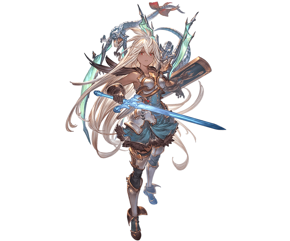 1girl armor armored_boots armored_dress boots breastplate breasts dark_skin dragon energy_sword gloves granblue_fantasy granblue_fantasy_versus greaves long_hair medium_breasts minaba_hideo official_art red_eyes shield skirt sword very_long_hair weapon white_hair zooey_(granblue_fantasy)