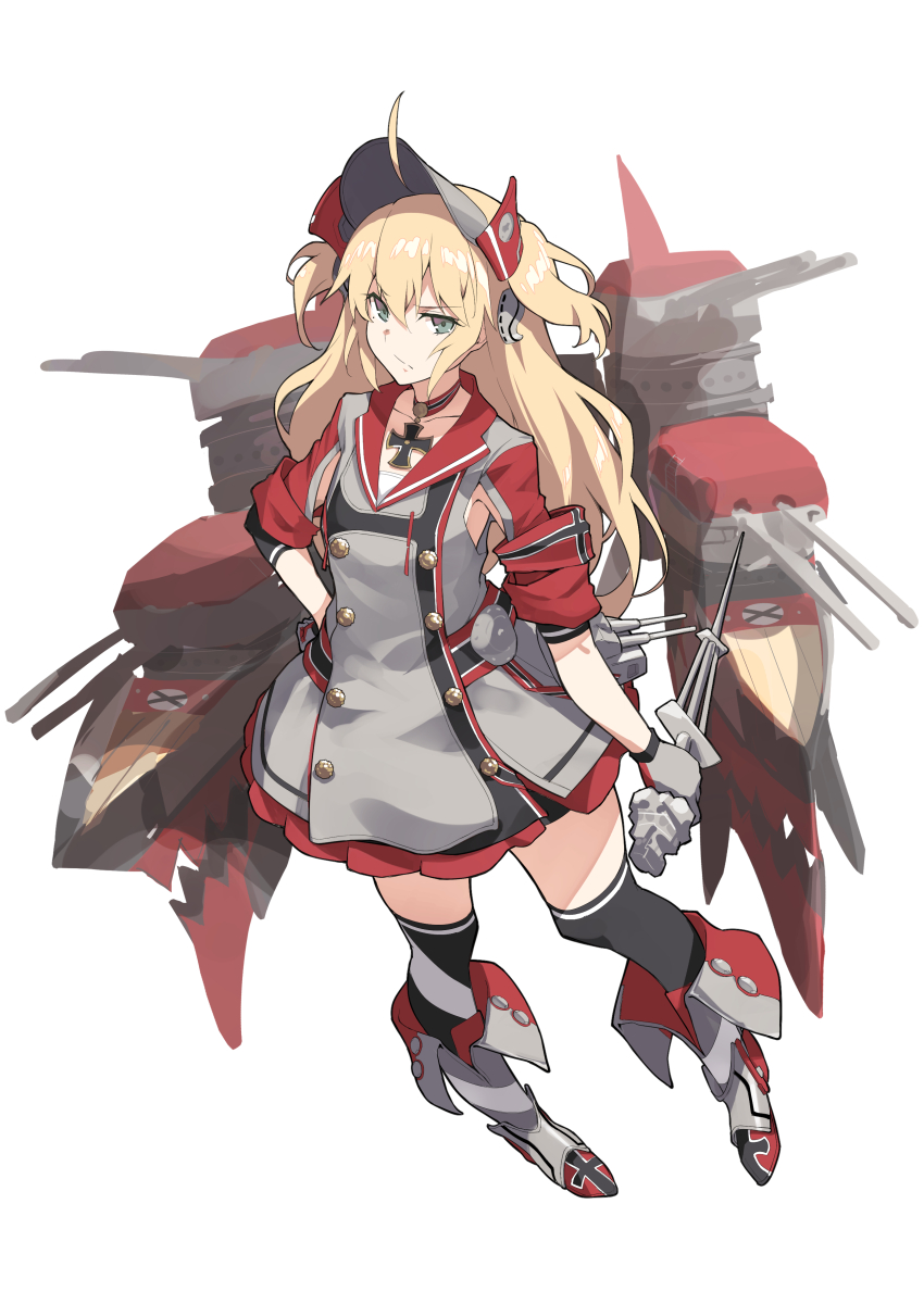 1girl admiral_hipper_(azur_lane) ahoge armpit_cutout azur_lane black_legwear blonde_hair boots breasts choker closed_mouth commentary double-breasted dress eyebrows_visible_through_hair full_body glaring gloves green_eyes grey_dress grey_footwear grey_gloves grey_headwear hair_between_eyes hand_on_hip highres iron_cross kekemotsu long_hair looking_at_viewer red_choker rigging scepter short_dress short_sleeves short_twintails simple_background small_breasts solo thigh-highs thighs turret twintails visor_cap white_background