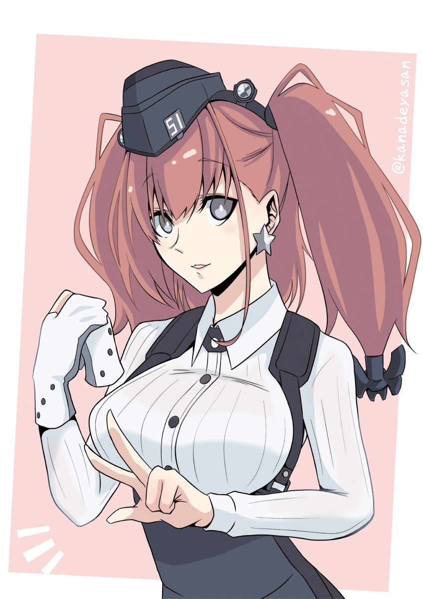 1girl anchor_hair_ornament atlanta_(kantai_collection) black_headwear bra_through_clothes breasts brown_hair commentary_request dress_shirt earrings garrison_cap gloves grey_eyes hair_ornament hat highres jewelry kanade_(kanadeya) kantai_collection large_breasts long_hair long_sleeves partly_fingerless_gloves shirt simple_background single_glove solo star_(symbol) star_earrings suspenders two_side_up upper_body v white_background white_gloves white_shirt