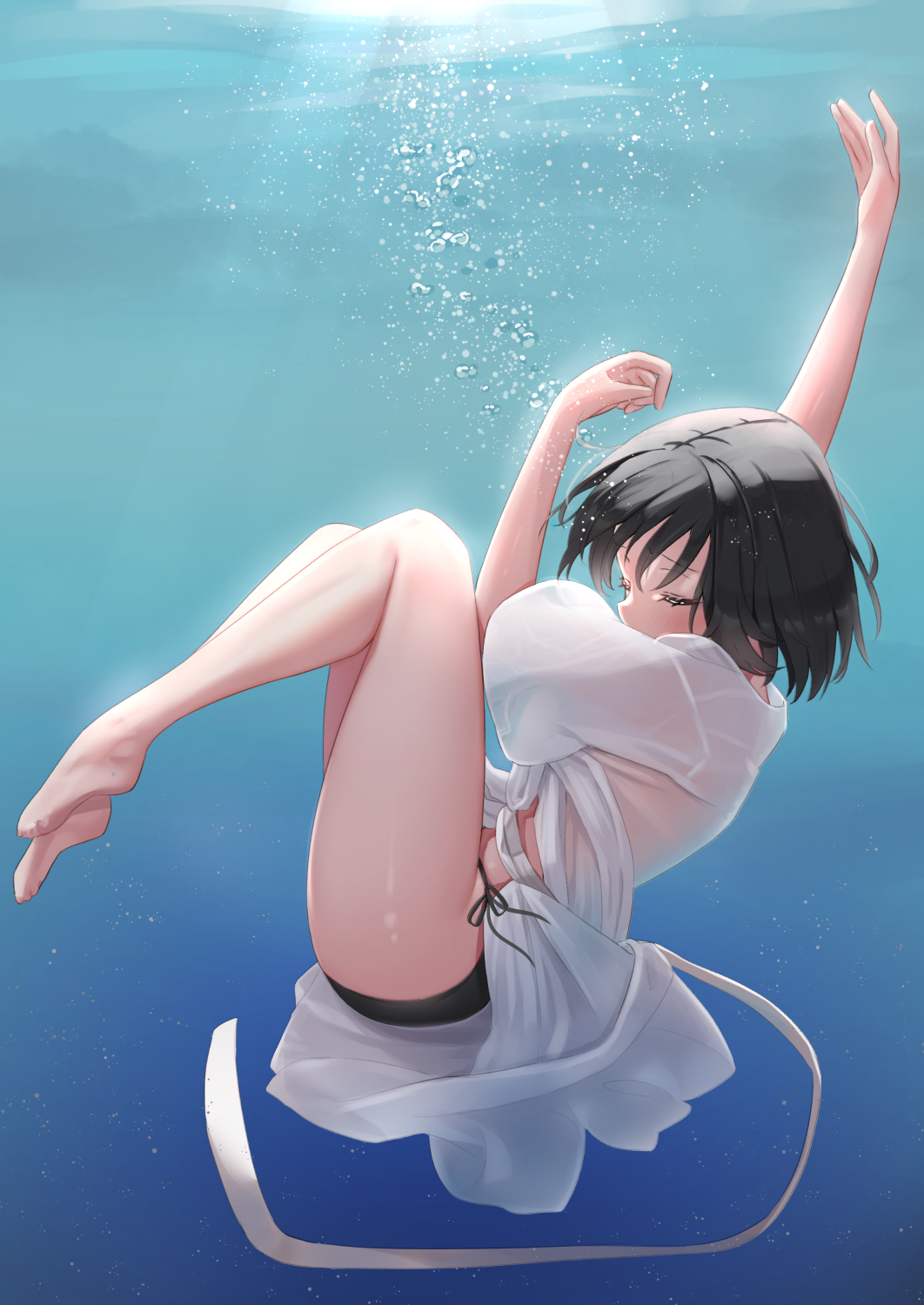 1girl arms_up barefoot bikini bikini_bottom black_bikini black_hair closed_eyes covering_mouth dress freediving highres original plantar_flexion reinama see-through short_hair short_sleeves side-tie_bikini solo sunlight swimsuit thighs underwater water white_dress