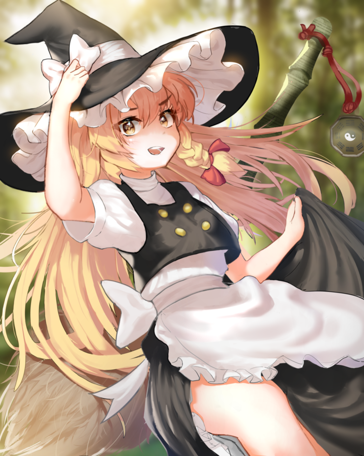 1girl 1nfb apron blonde_hair bow braid broom hair_bow hat kirisame_marisa long_hair looking_at_viewer mini-hakkero open_mouth short_sleeves single_braid smile solo touhou waist_apron witch_hat yellow_eyes