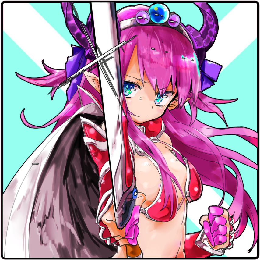 1girl armor bangs bikini_armor black_hairband blue_eyes breasts cape clenched_hand dragon_horns elizabeth_bathory_(brave)_(fate) elizabeth_bathory_(fate)_(all) eyebrows_visible_through_hair fate/grand_order fate_(series) hair_ribbon hairband horns jamir long_hair oversized_clothes pauldrons pink_hair pointy_ears purple_horns purple_ribbon red_armor ribbon sideboob small_breasts solo white_cape