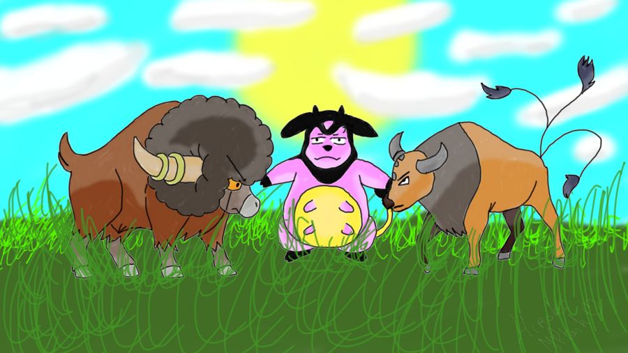 angry blue_sky bouffalant confrontation fighting_stance gen_1_pokemon gen_2_pokemon gen_5_pokemon grass grumpy love_triangle miltank outdoors pokemon pokemon_(creature) rivalry sky sunlight tauros