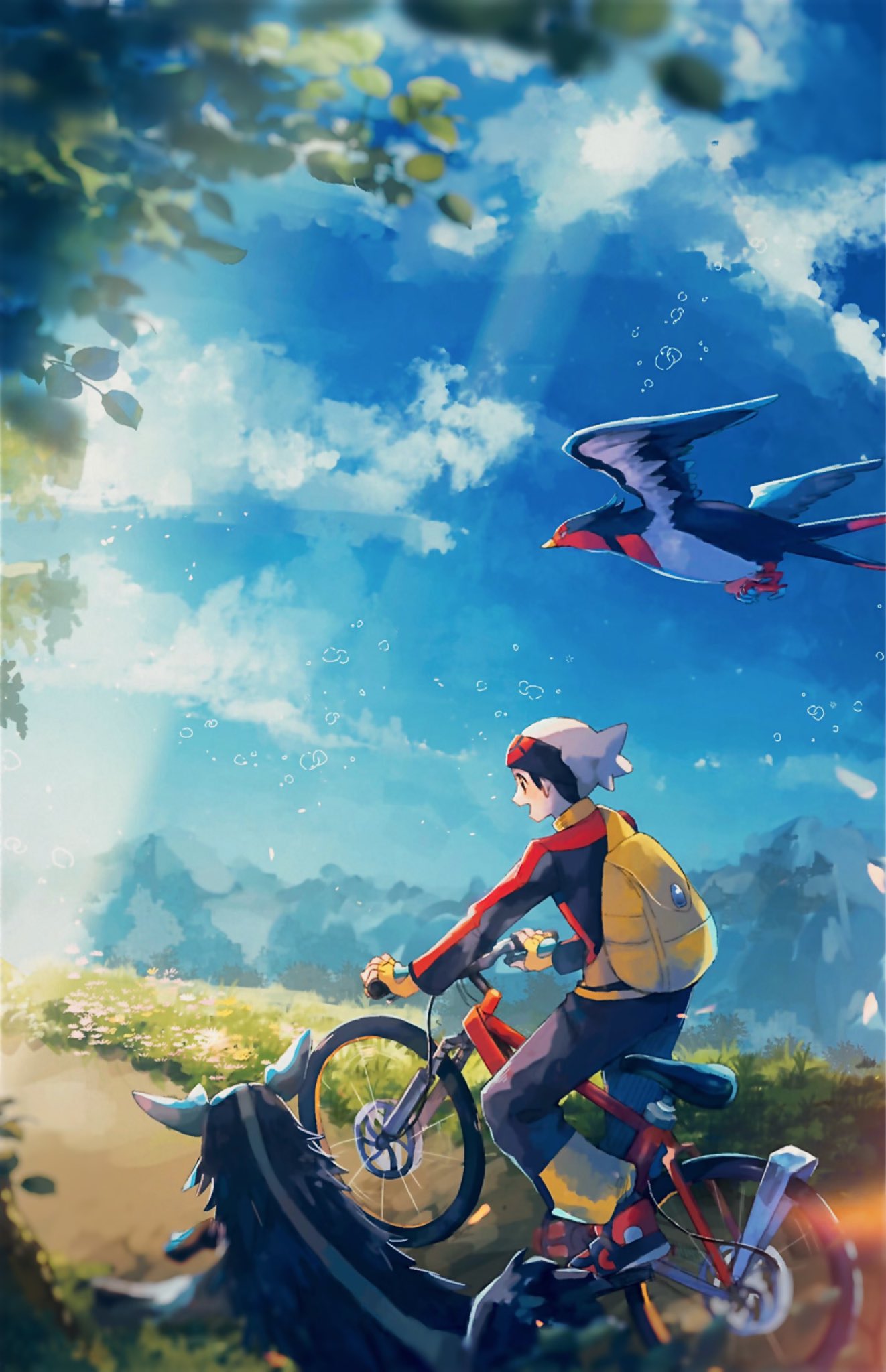 backpack bag bicycle black_headwear black_jacket black_pants blue_sky clouds cloudy_sky commentary_request flying gen_3_pokemon gloves grass ground_vehicle hat highres jacket leaf mightyena mountain mu_acrt pants pokemon pokemon_(game) pokemon_emerald pokemon_rse red_headwear red_jacket riding running sky swellow white_headwear yellow_backpack yellow_gloves yellow_pants yuuki_(pokemon)