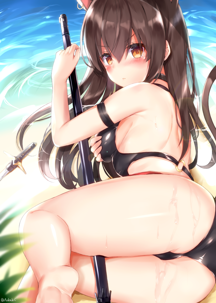 1girl animal_ears aokabi_(aokabic) arknights arm_strap artist_name ass bangs bare_arms bare_legs bare_shoulders barefoot black_choker black_swimsuit blush breasts brown_eyes brown_hair cat_ears cat_tail choker commentary_request eyebrows_visible_through_hair hair_between_eyes hand_up highres long_hair looking_at_viewer lying medium_breasts o-ring o-ring_swimsuit on_side one-piece_swimsuit partial_commentary skyfire_(arknights) solo swimsuit tail tears thighs twitter_username