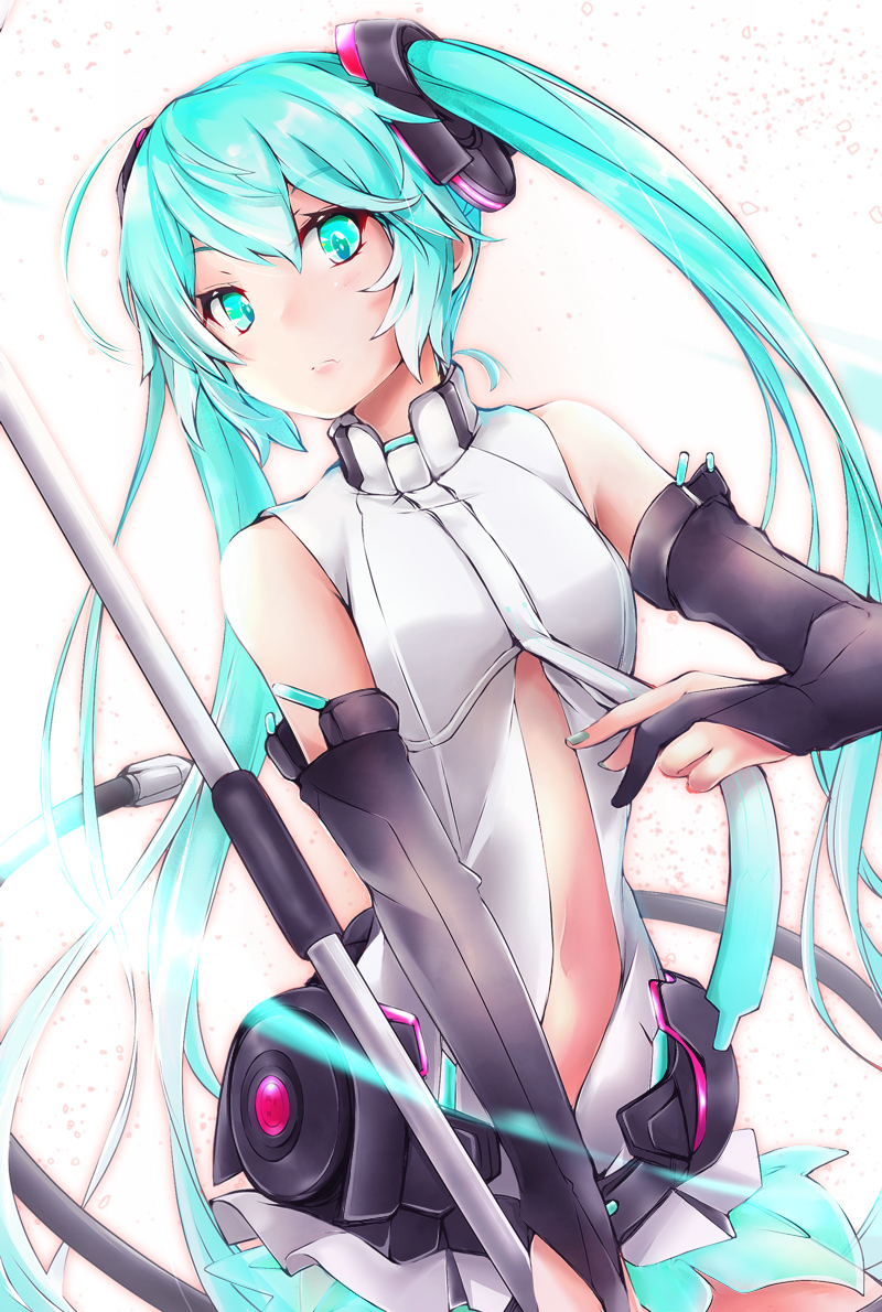 1girl akino_coto aqua_eyes aqua_hair bangs bridal_gauntlets center_opening closed_mouth elbow_gloves eyebrows_visible_through_hair gloves hatsune_miku holding holding_staff long_hair miku_append navel necktie solo staff twintails very_long_hair vocaloid vocaloid_append