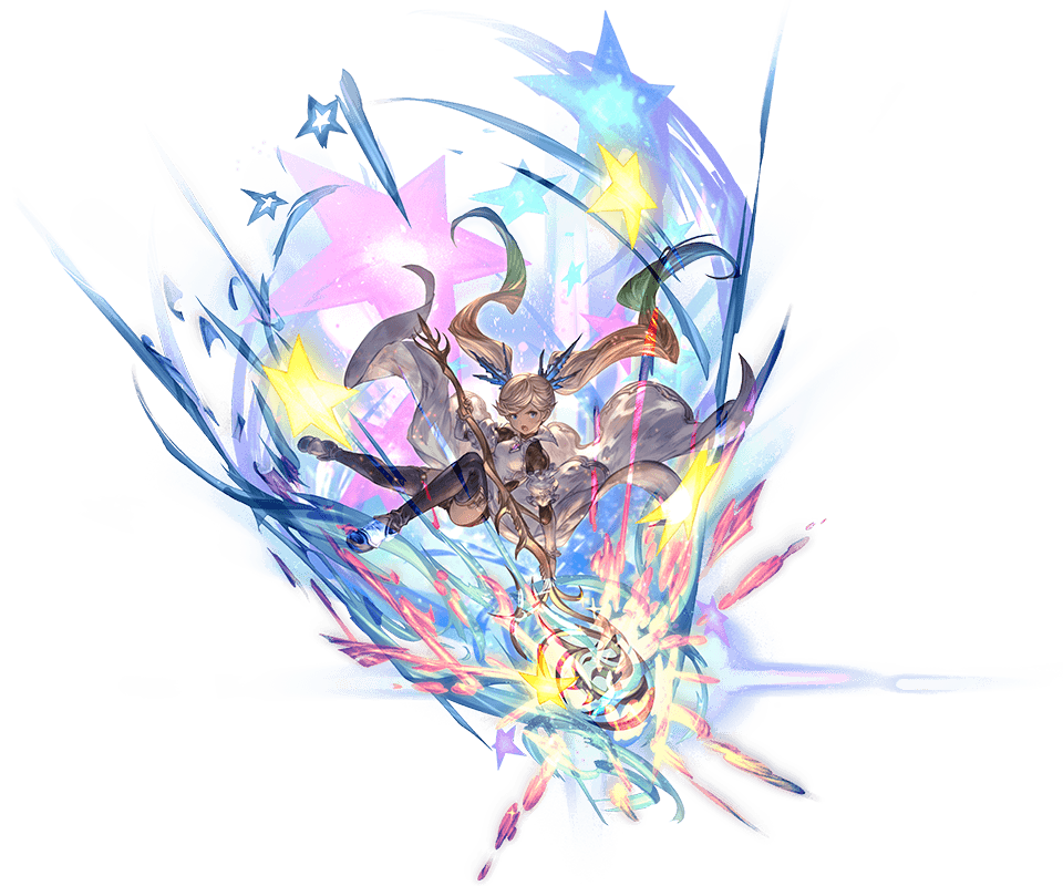 1girl blonde_hair blue_eyes breasts collar dark_skin dress gradient_hair granblue_fantasy hair_ornament magic minaba_hideo multicolored_hair official_art open_mouth robe short_shorts shorts small_breasts staff star_(symbol) starry_background thigh-highs twintails white_dress