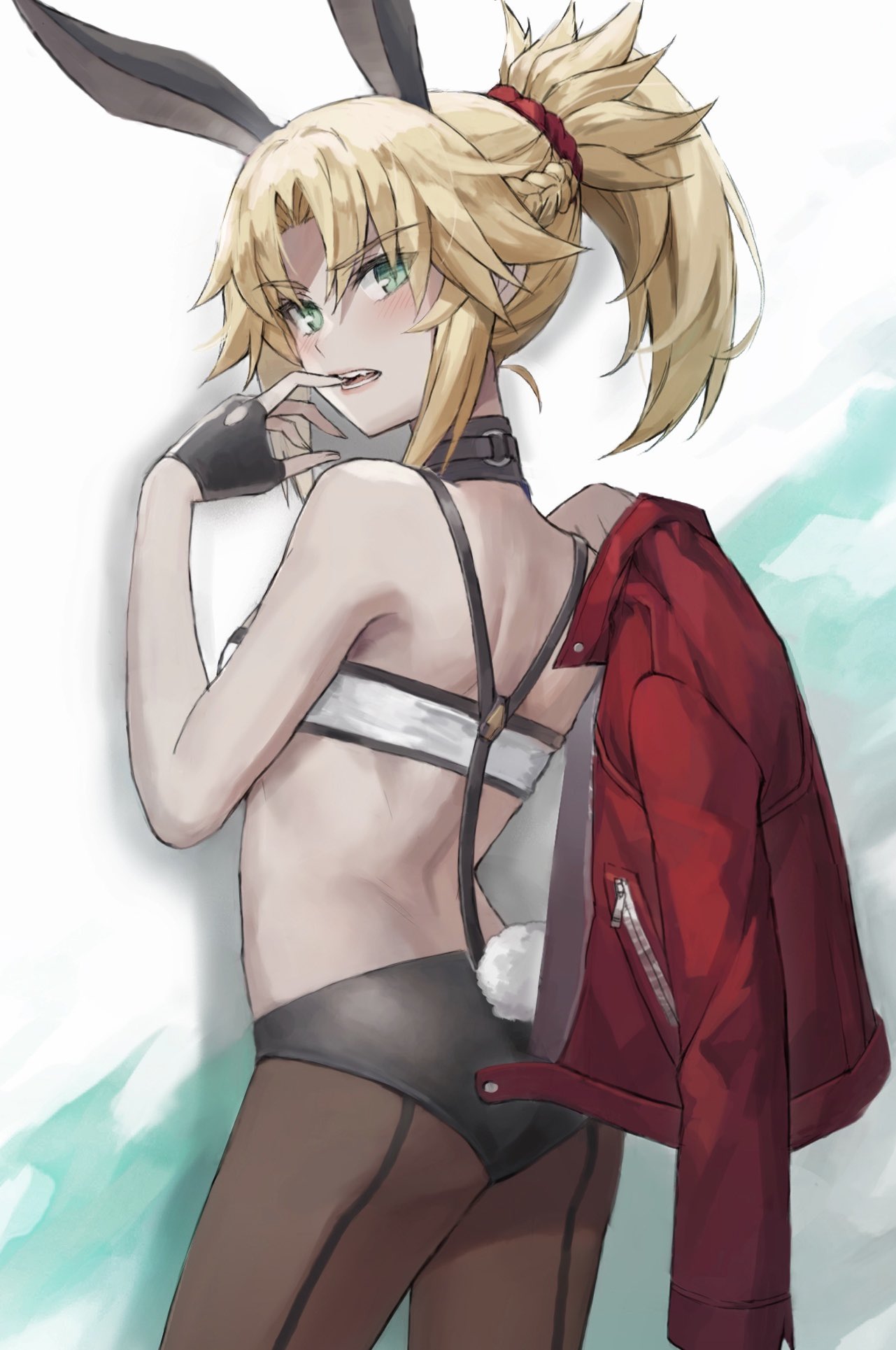 1girl animal_ears ass back bandeau bangs bare_shoulders black_gloves black_panties blonde_hair braid breasts brown_legwear bunny_tail fate/apocrypha fate_(series) fingerless_gloves french_braid gloves green_eyes hair_ornament hair_scrunchie highres jacket jacket_removed jewelry long_hair looking_at_viewer looking_back mordred_(fate) mordred_(fate)_(all) necklace open_mouth panties pantyhose ponytail rabbit_ears red_jacket red_scrunchie scrunchie sidelocks simple_background small_breasts solo tail thighs tonee underwear