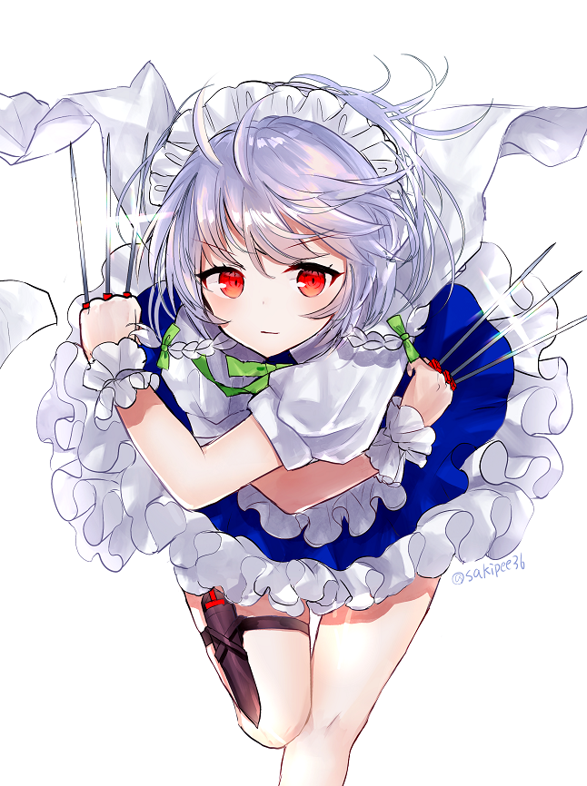 1girl ahoge apron bangs between_fingers blue_skirt blue_vest braid commentary_request crossed_arms expressionless eyebrows_visible_through_hair folded_leg foot_out_of_frame glint holding holding_knife holster izayoi_sakuya knife knife_holster leaning_forward looking_at_viewer maid_headdress petticoat puffy_short_sleeves puffy_sleeves red_eyes sakipsakip shirt short_hair short_sleeves silver_hair simple_background skirt solo standing standing_on_one_leg thigh_holster thigh_strap touhou twin_braids twitter_username vest waist_apron white_background white_shirt wrist_cuffs