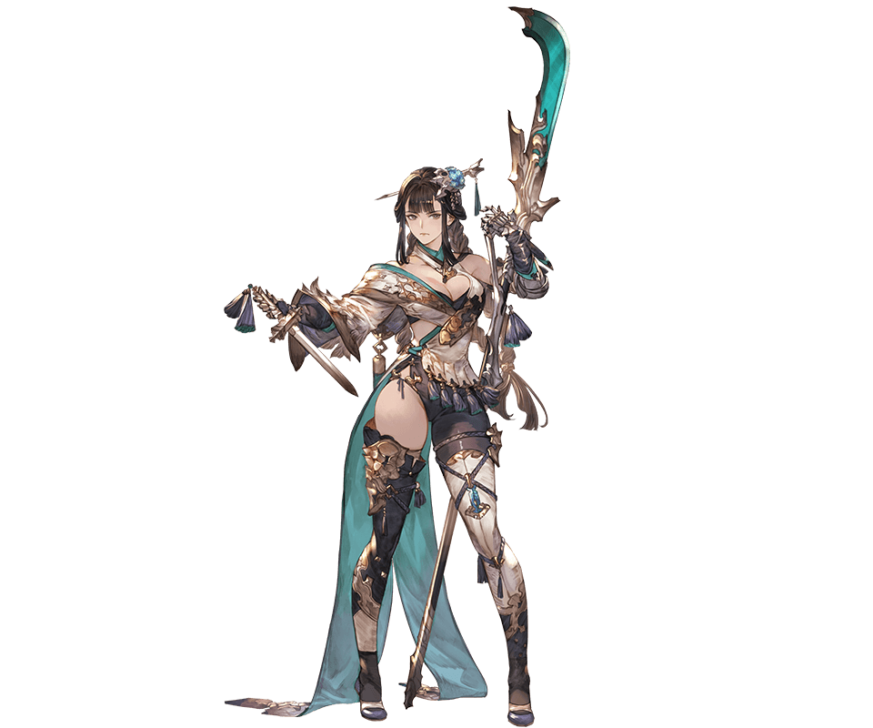 1girl asymmetrical_clothes black_hair boots braid braided_ponytail breasts brown_eyes chinese_clothes dagger expressionless gauntlets granblue_fantasy hair_ornament impossible_clothes long_hair medium_breasts minaba_hideo naginata official_art pigeon-toed polearm shura_(granblue_fantasy) spear thigh-highs thigh_boots thighs very_long_hair weapon