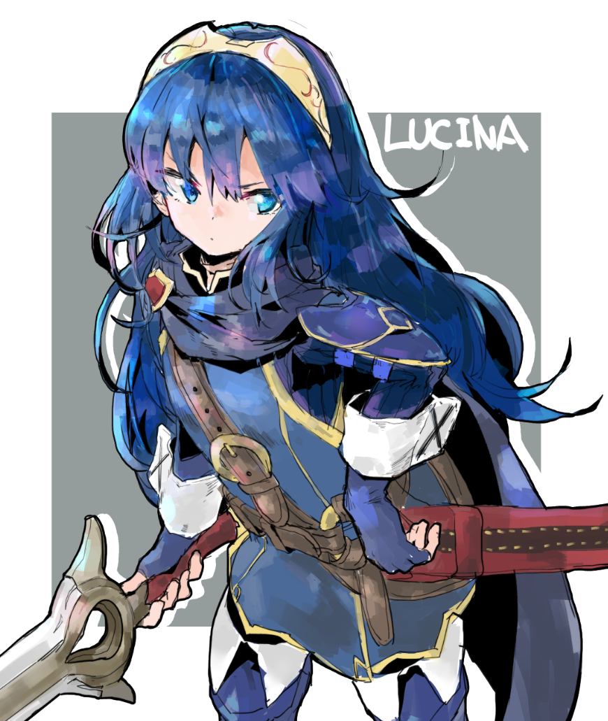 1girl bangs blue_cape blue_eyes blue_footwear blue_gloves blue_hair boots cape character_name falchion_(fire_emblem) fingerless_gloves fire_emblem fire_emblem_awakening gloves hair_between_eyes jamir long_hair long_sleeves lucina lucina_(fire_emblem) sheath solo thigh-highs thigh_boots tiara unsheathed very_long_hair