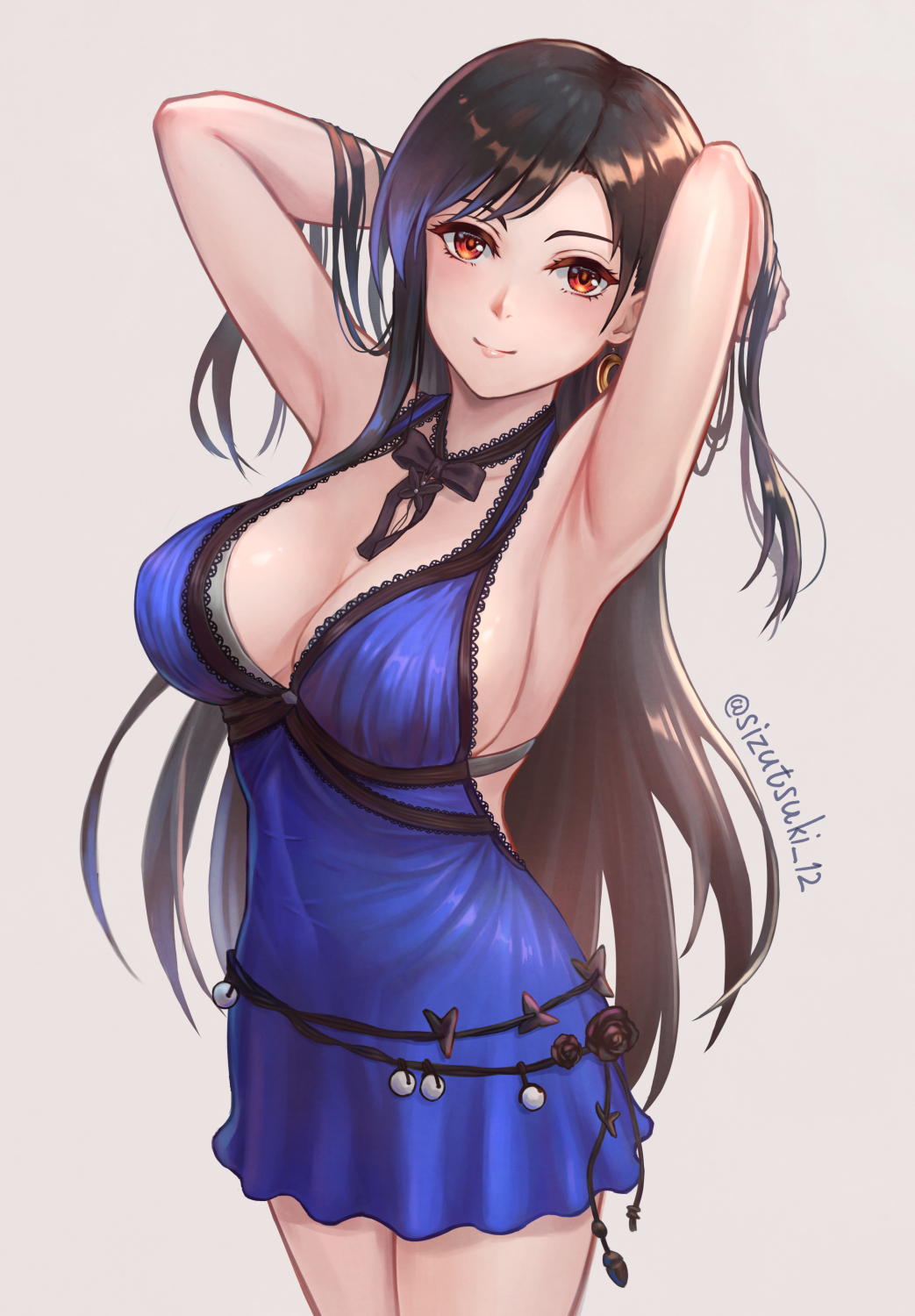 1girl armpits arms_behind_head black_ribbon blue_dress breasts brown_hair dress earrings final_fantasy final_fantasy_vii final_fantasy_vii_remake grey_background highres jewelry long_hair looking_at_viewer medium_breasts red_eyes ribbon simple_background smile solo tifa_lockhart tsukizaki_shizuka twitter_username