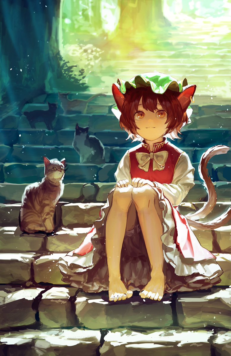 1girl animal_ears barefoot black_cat brown_eyes brown_hair cat cat_ears cat_tail chen dress earrings frilled_dress frills hair_between_eyes hands_on_own_knees hat jewelry light_smile long_sleeves looking_at_viewer mob_cap motsuba multiple_tails nekomata red_dress short_hair single_earring sitting sitting_on_stairs stairs tabby_cat tail touhou two_tails white_neckwear