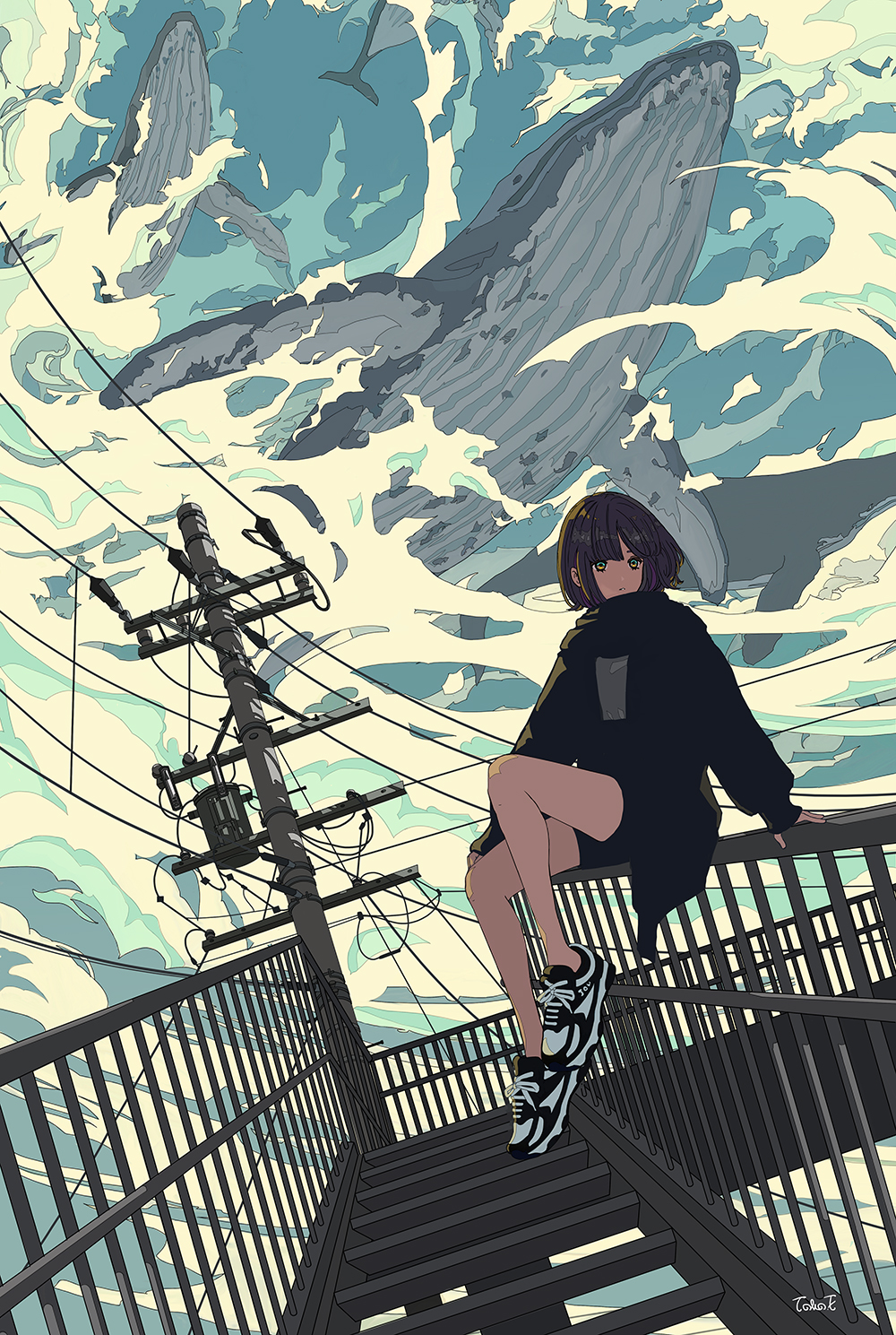 1girl bare_legs black_shirt black_sweater bob_cut brown_hair commentary_request green_eyes highres long_sleeves original seraphitalg shirt shoes short_hair short_shorts shorts sneakers solo sweater two-tone_footwear whale