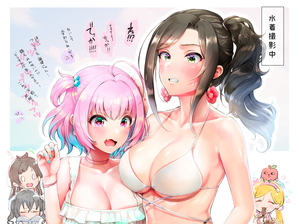 5girls ahoge artist_request bands bangs bikini blue_hair blush breasts collar collarbone copyright_request earrings eyebrows_visible_through_hair fang flower_earrings green_eyes hair_intakes heart heart-shaped_pupils idol idolmaster idolmaster_cinderella_girls jewelry large_breasts mukai_takumi multicolored_hair multiple_girls open_mouth pink_eyes pink_hair shiny shiny_skin short_hair side_ponytail swimsuit symbol-shaped_pupils tagme teeth two-tone_hair two_side_up white_bikini yumemi_riamu