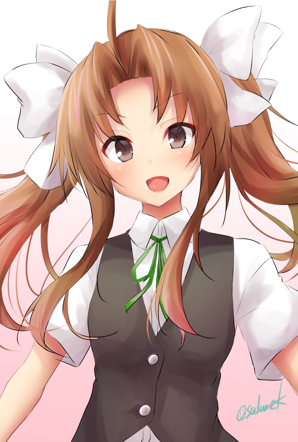 1girl ahoge brown_hair commentary_request gradient gradient_background green_ribbon grey_vest hair_ribbon highres kagerou_(kantai_collection) kamijou_sadame kantai_collection long_hair looking_at_viewer neck_ribbon remodel_(kantai_collection) ribbon school_uniform shirt short_sleeves smile solo twintails twitter_username upper_body vest white_ribbon white_shirt