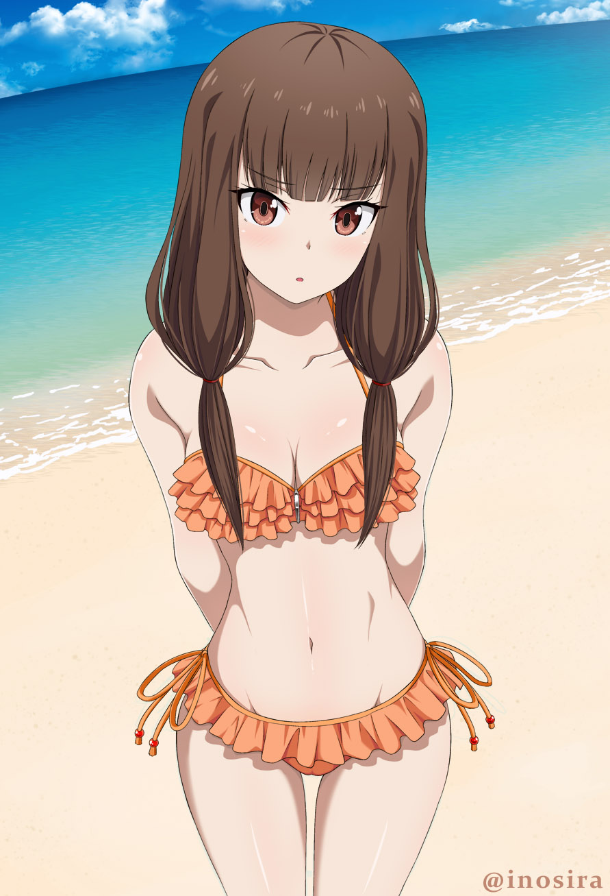 1girl arms_behind_back bangs bare_shoulders beach bikini blue_sky blunt_bangs blush breasts brown_eyes brown_hair collarbone commentary cowboy_shot day eyebrows_visible_through_hair frilled_bikini frills groin highres horizon iino_miko inoshira kaguya-sama_wa_kokurasetai_~tensai-tachi_no_renai_zunousen~ long_hair looking_at_viewer low_twintails medium_breasts navel ocean orange_bikini outdoors parted_lips shiny shiny_skin side-tie_bikini sky standing swimsuit thighs twintails twitter_username water zipper zipper_pull_tab