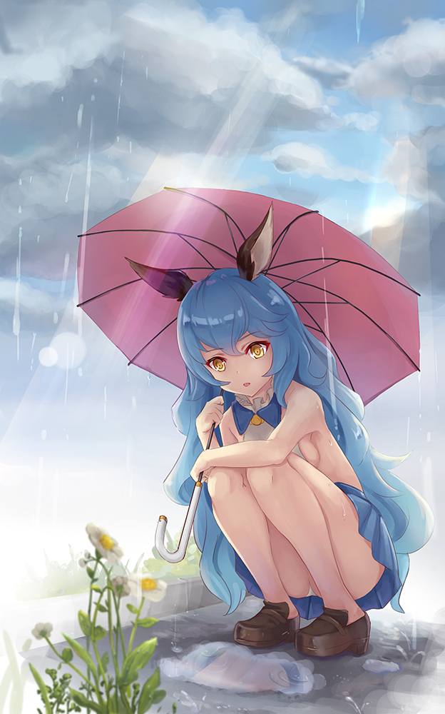 1girl animal_ears arm_on_knee ass bare_legs bare_shoulders bell_(angelicalary) blue_hair breasts curly_hair day dress erune ferry_(granblue_fantasy) flower full_body granblue_fantasy hair_between_eyes holding holding_umbrella legs long_hair open_mouth outdoors panties pleated_dress puddle rain reflection sideboob sleeveless sleeveless_dress solo squatting thighs umbrella underwear upskirt very_long_hair water wet white_panties yellow_eyes