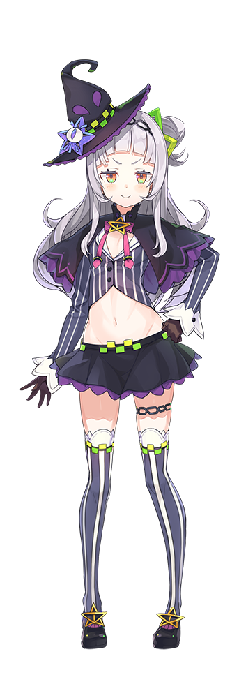 1girl bangs black_skirt blunt_bangs blush brown_gloves closed_mouth full_body gloves grey_hair grey_legwear hand_on_hip hat hat_ornament hololive long_hair looking_at_viewer midriff multicolored multicolored_eyes murasaki_shion navel neck_ribbon official_art one_side_up purple_headwear red_neckwear red_ribbon ribbon skirt smile solo striped striped_legwear tam-u thigh-highs transparent_background vest