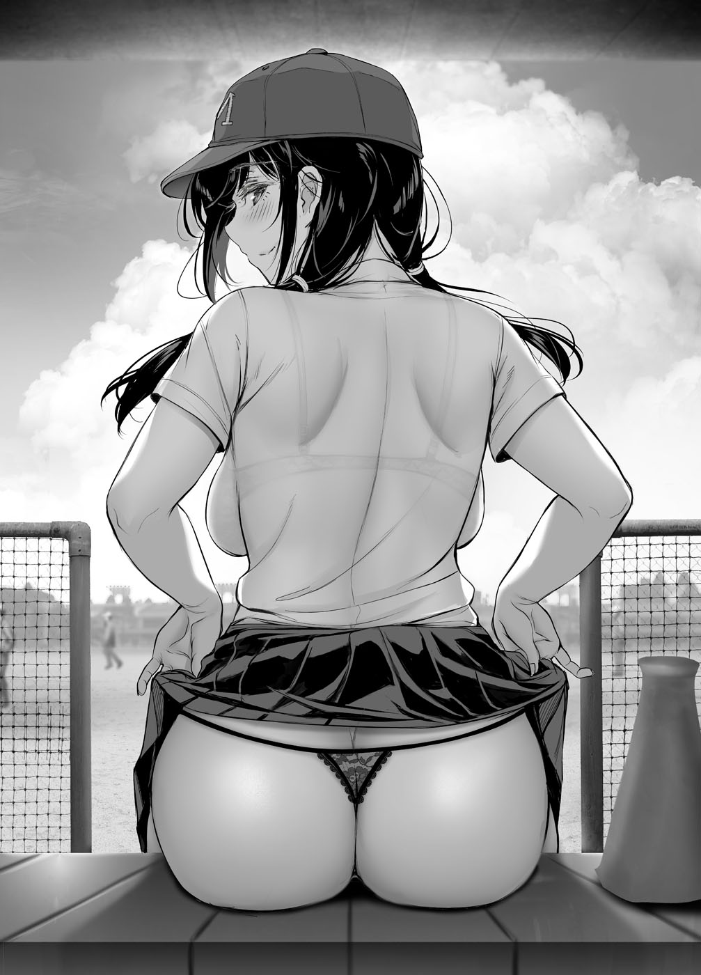 1girl ass baseball_cap blush clouds commentary_request fence from_behind gentsuki hat highres megaphone miniskirt monochrome original pleated_skirt profile see-through sitting skirt skirt_lift smile solo thong_panties twintails