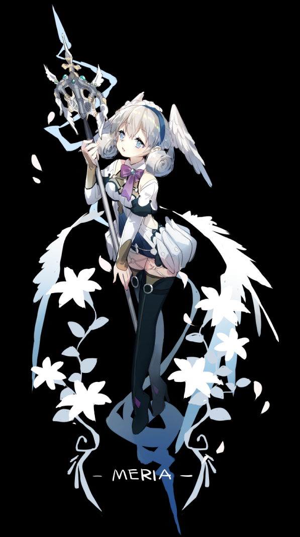 1girl bangs blue_eyes breasts curly_hair dress eyebrows_visible_through_hair facing_viewer full_body head_wings high_heels medium_breasts melia saru short_dress silver_hair solo staff thigh-highs xenoblade_(series)