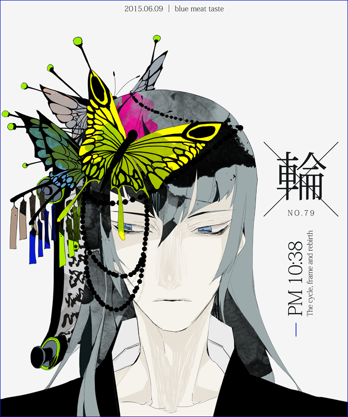 1boy abstract alternate_costume blue_eyes bug butterfly dated grey_hair hair_ornament insect kousetsu_samonji long_hair male_focus mzet pale_skin portrait scroll shadow solo touken_ranbu