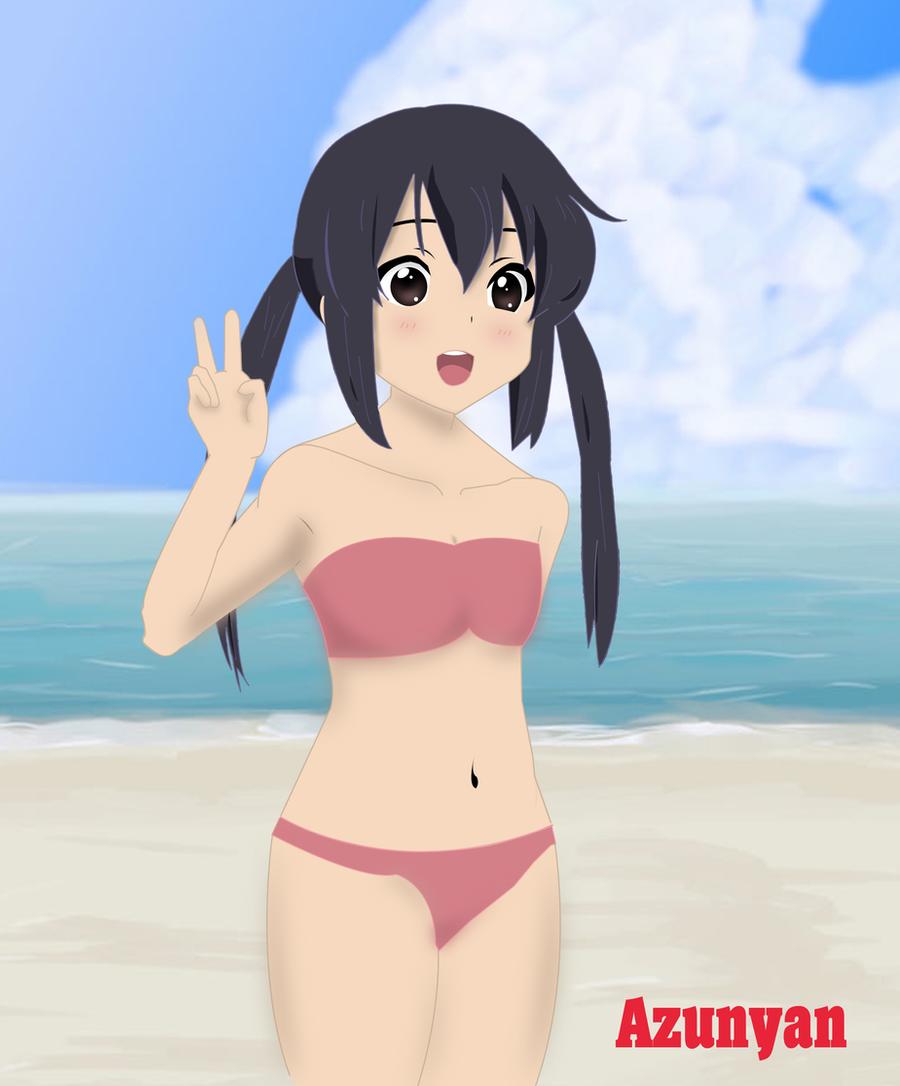 1girl :d beach bikini black_hair blush brown_eyes character_name clouds cute day hobunsha k-on! kyoto_animation long_hair looking_at_viewer nakano_azusa navel ocean open_mouth pink_bikini save00us sky solo summer swimsuit twintails upper_teeth v