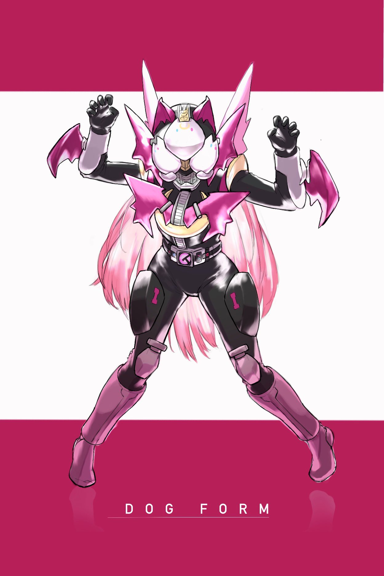 1girl belt bodysuit demon_girl drive_hobby hair_ornament helmet heterochromia highres horns kamen_rider kamen_rider_den-o kamen_rider_den-o_(series) long_hair looking_at_viewer mask nijisanji parody pink_hair pose simple_background solo virtual_youtuber wings yuzuki_roa