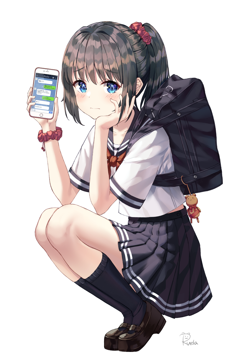 1girl bag black_footwear black_hair black_legwear black_skirt blue_eyes cellphone chin_rest hand_up hands_up highres holding loafers long_hair looking_at_viewer midriff_peek miniskirt original phone pleated_skirt ponytail ruda_(ruda_e) sailor_collar school_bag school_uniform scrunchie serafuku shirt shirt_overhang shoes short_sleeves sidelocks simple_background skirt smartphone socks solo squatting white_background white_shirt wrist_scrunchie